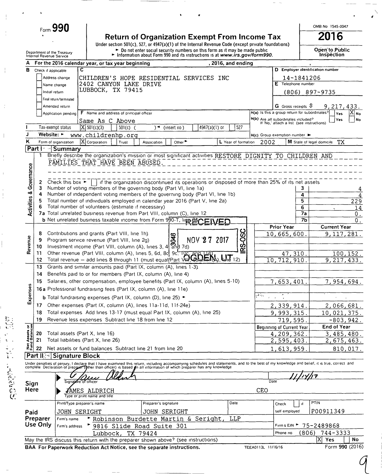 Image of first page of 2016 Form 990 for Children's Hope Residential Service
