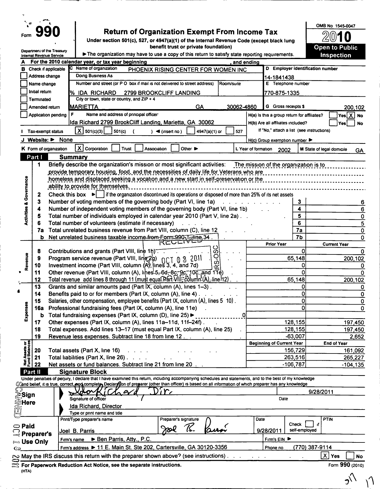 Image of first page of 2010 Form 990 for Phoenix Rising Center for Women