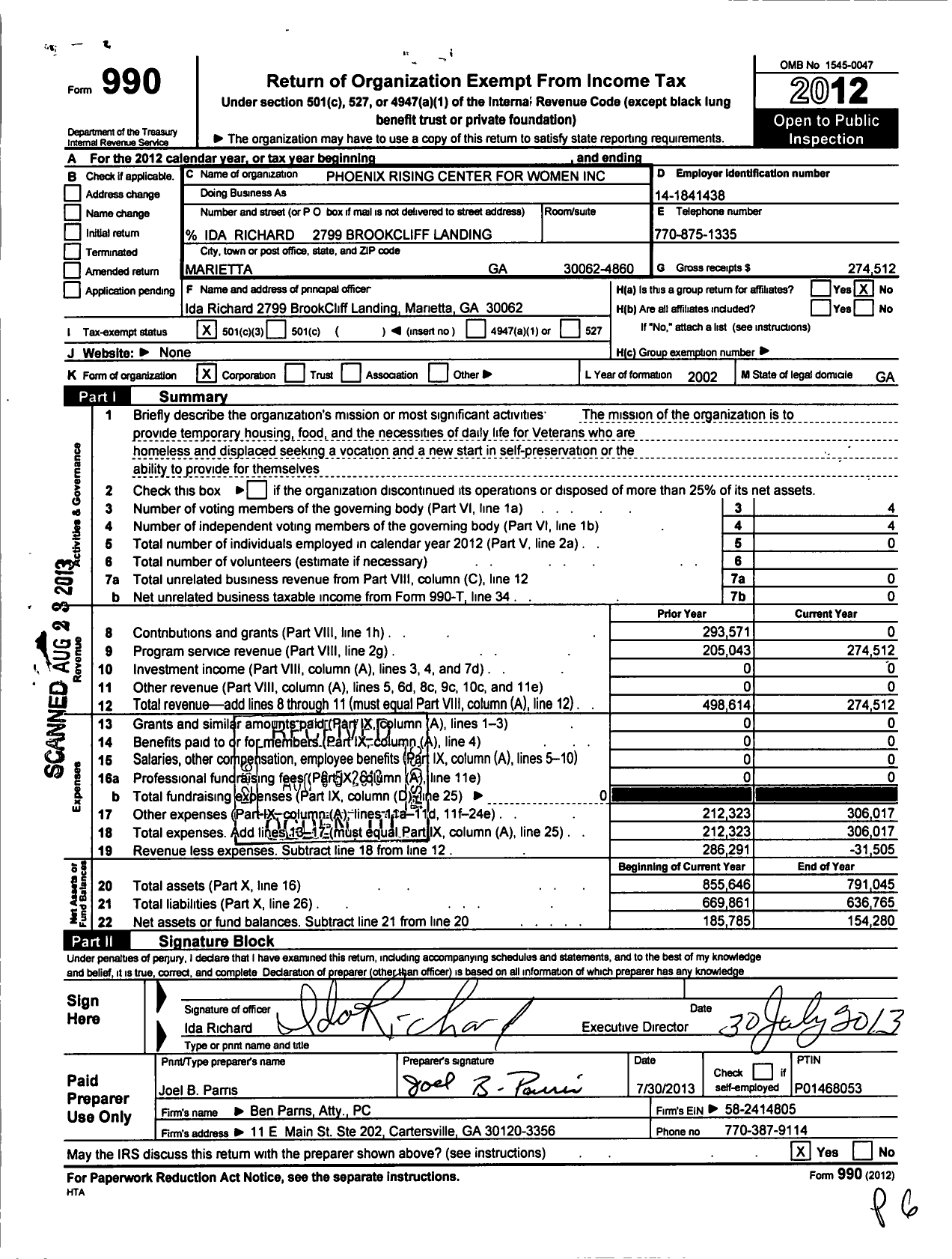 Image of first page of 2012 Form 990 for Phoenix Rising Center for Women