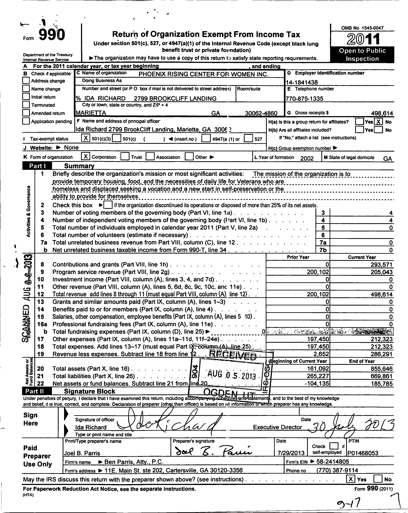 Image of first page of 2011 Form 990 for Phoenix Rising Center for Women