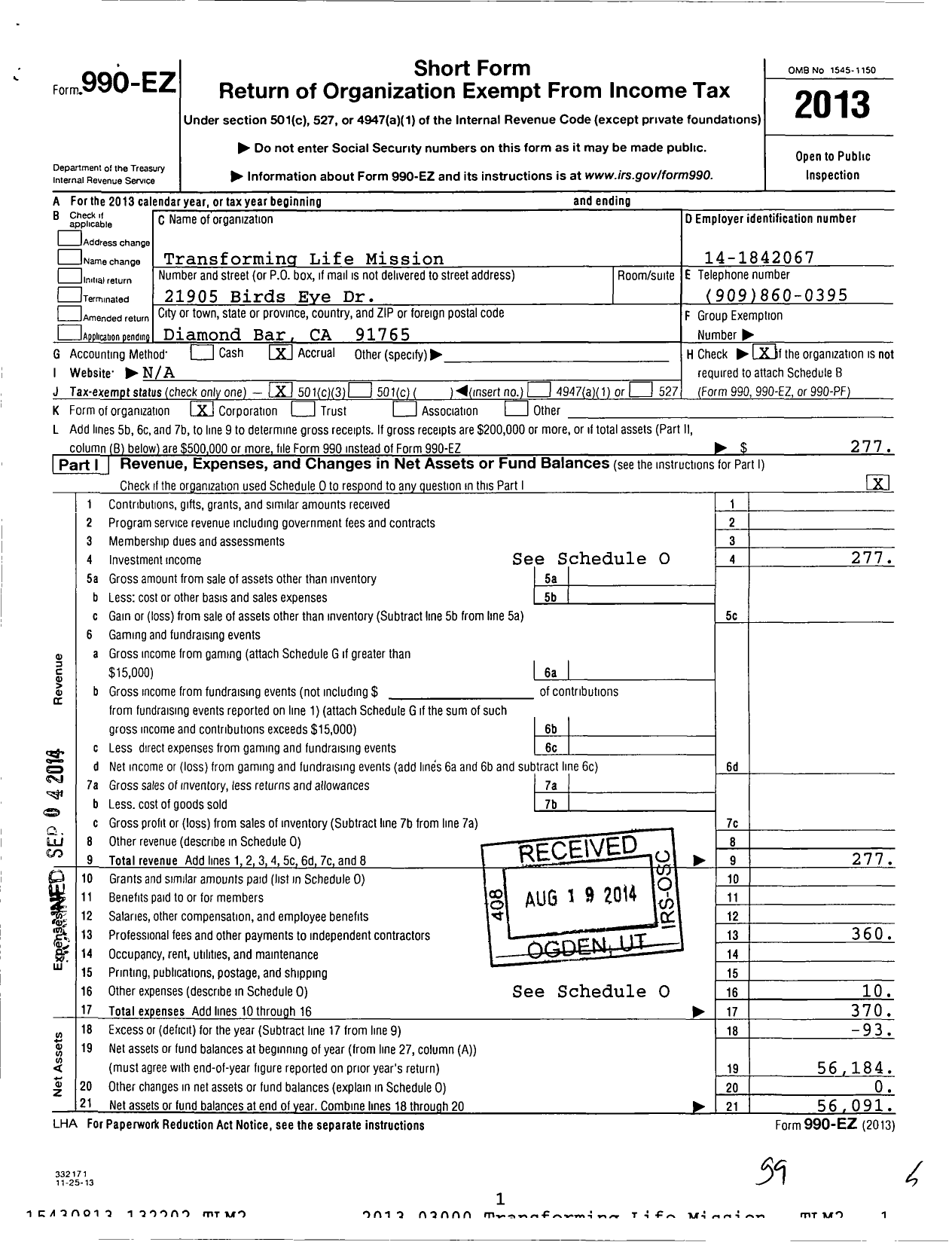 Image of first page of 2013 Form 990EZ for Transforming Life Misssion