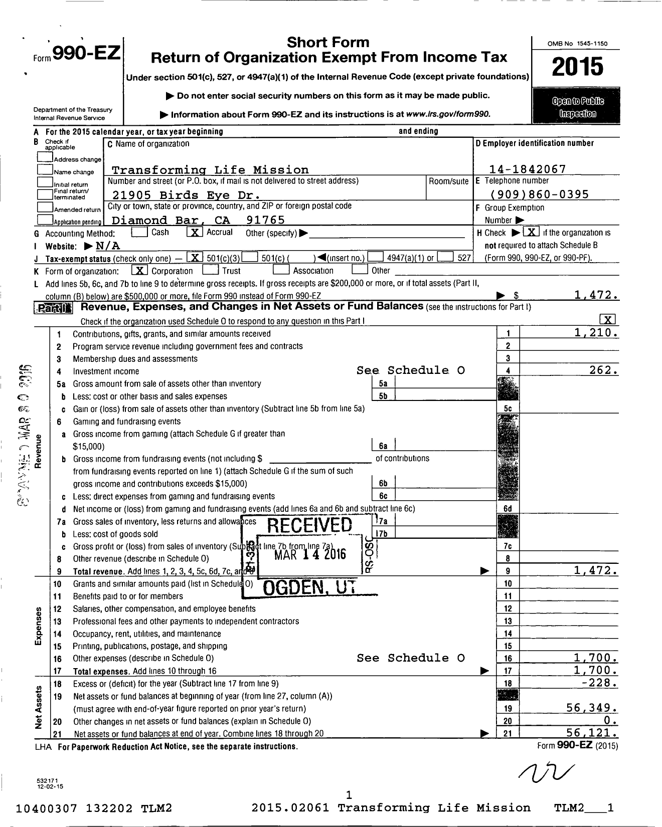 Image of first page of 2015 Form 990EZ for Transforming Life Misssion