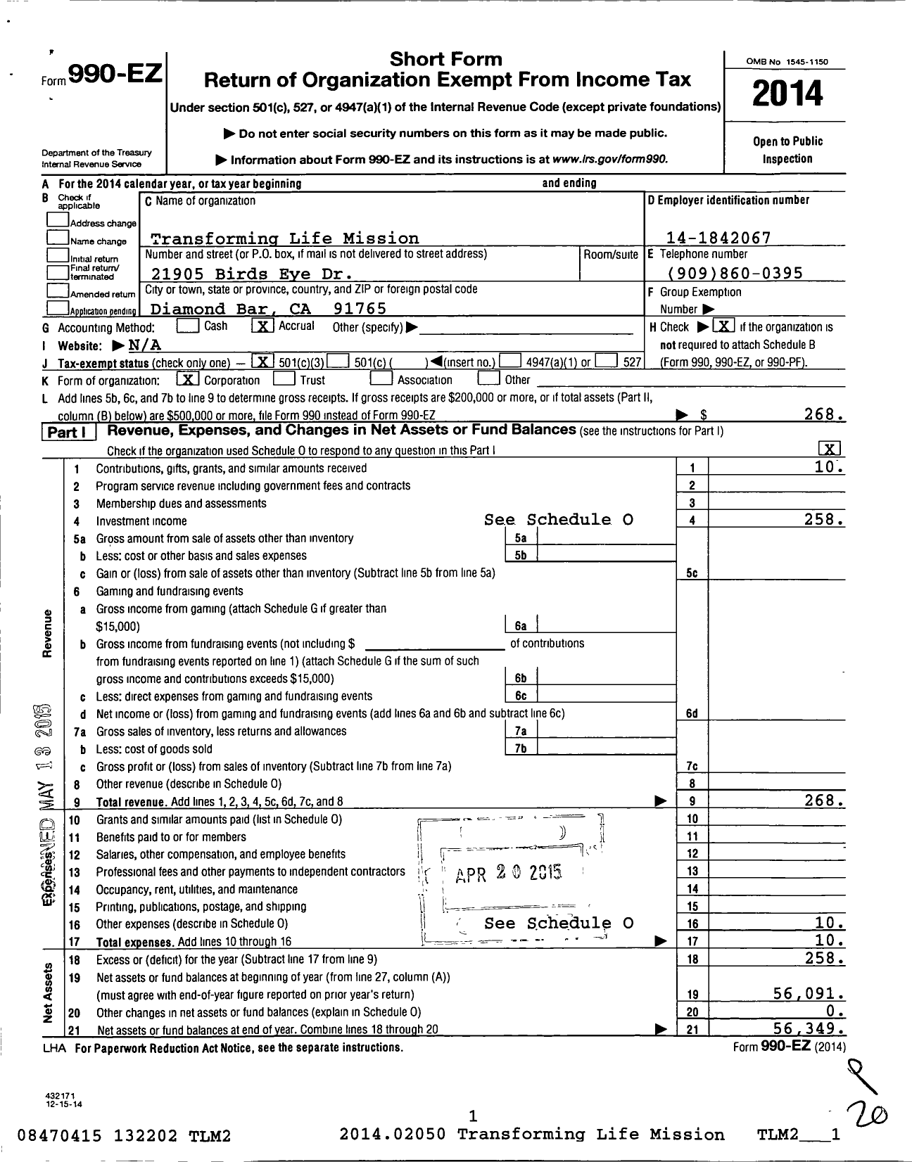 Image of first page of 2014 Form 990EZ for Transforming Life Misssion