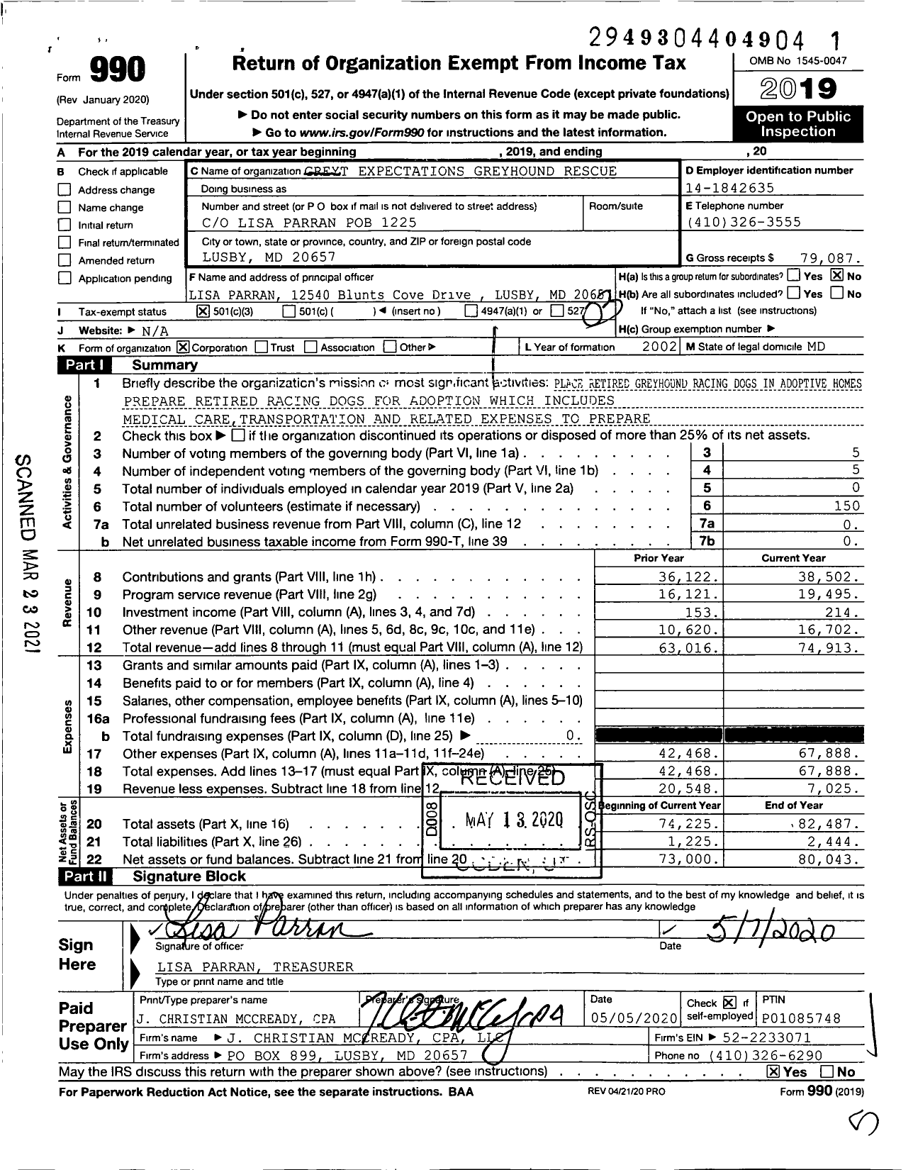 Image of first page of 2019 Form 990 for Greyt Expectations Greyhound Rescue