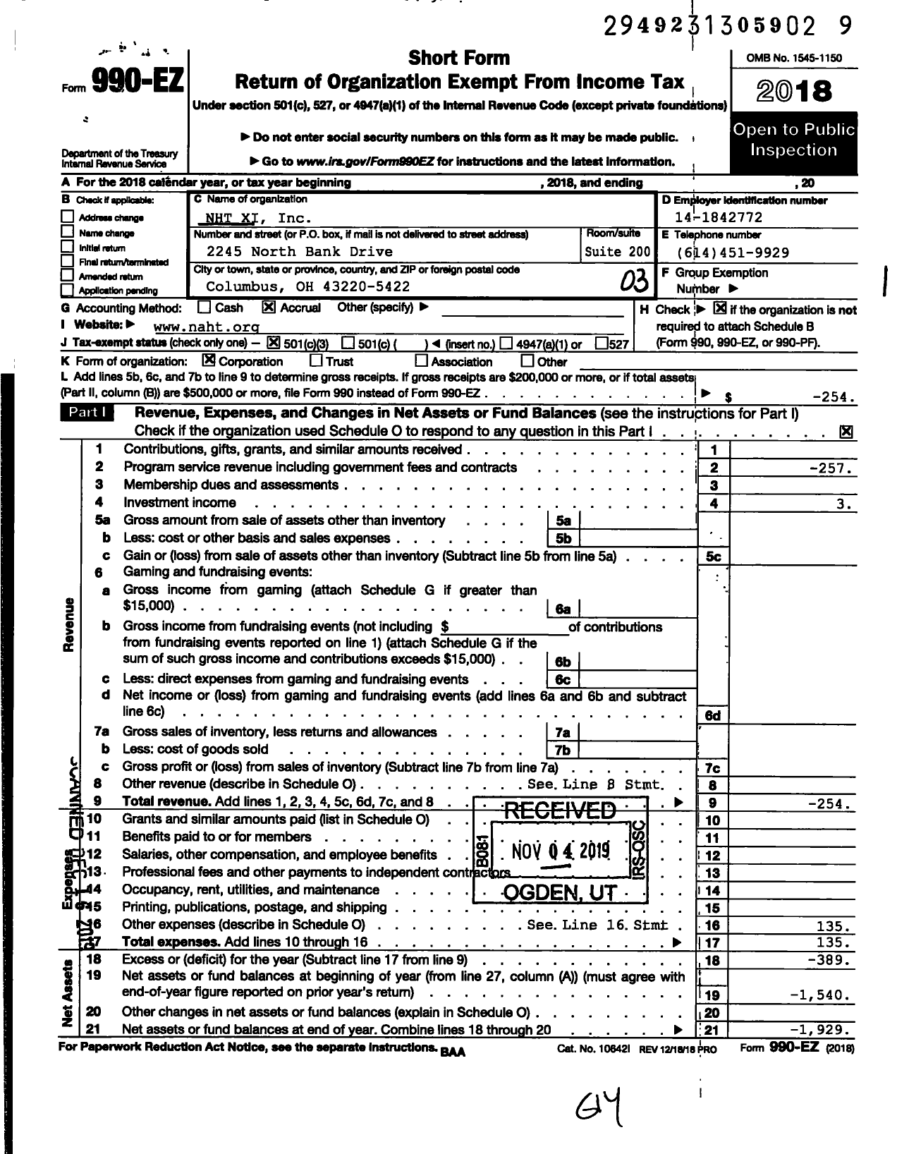 Image of first page of 2018 Form 990EZ for NHT Xi