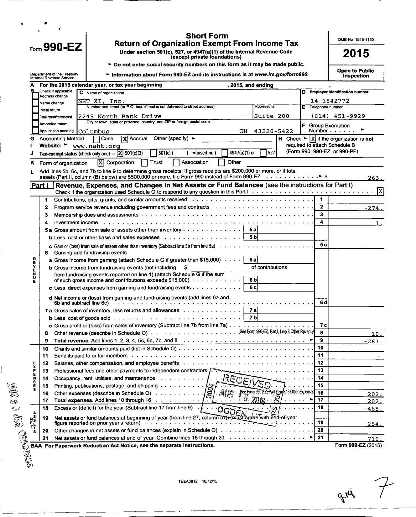 Image of first page of 2015 Form 990EZ for NHT Xi