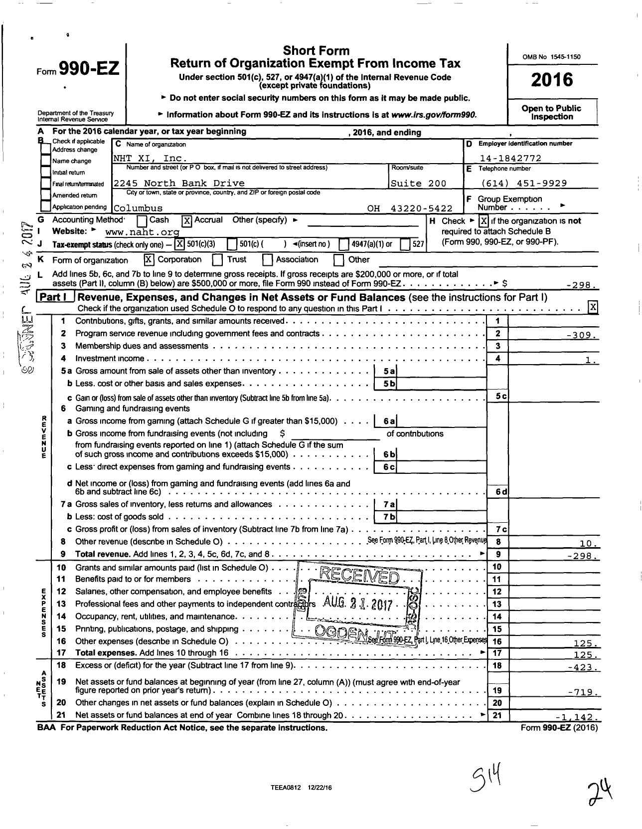 Image of first page of 2016 Form 990EZ for NHT Xi