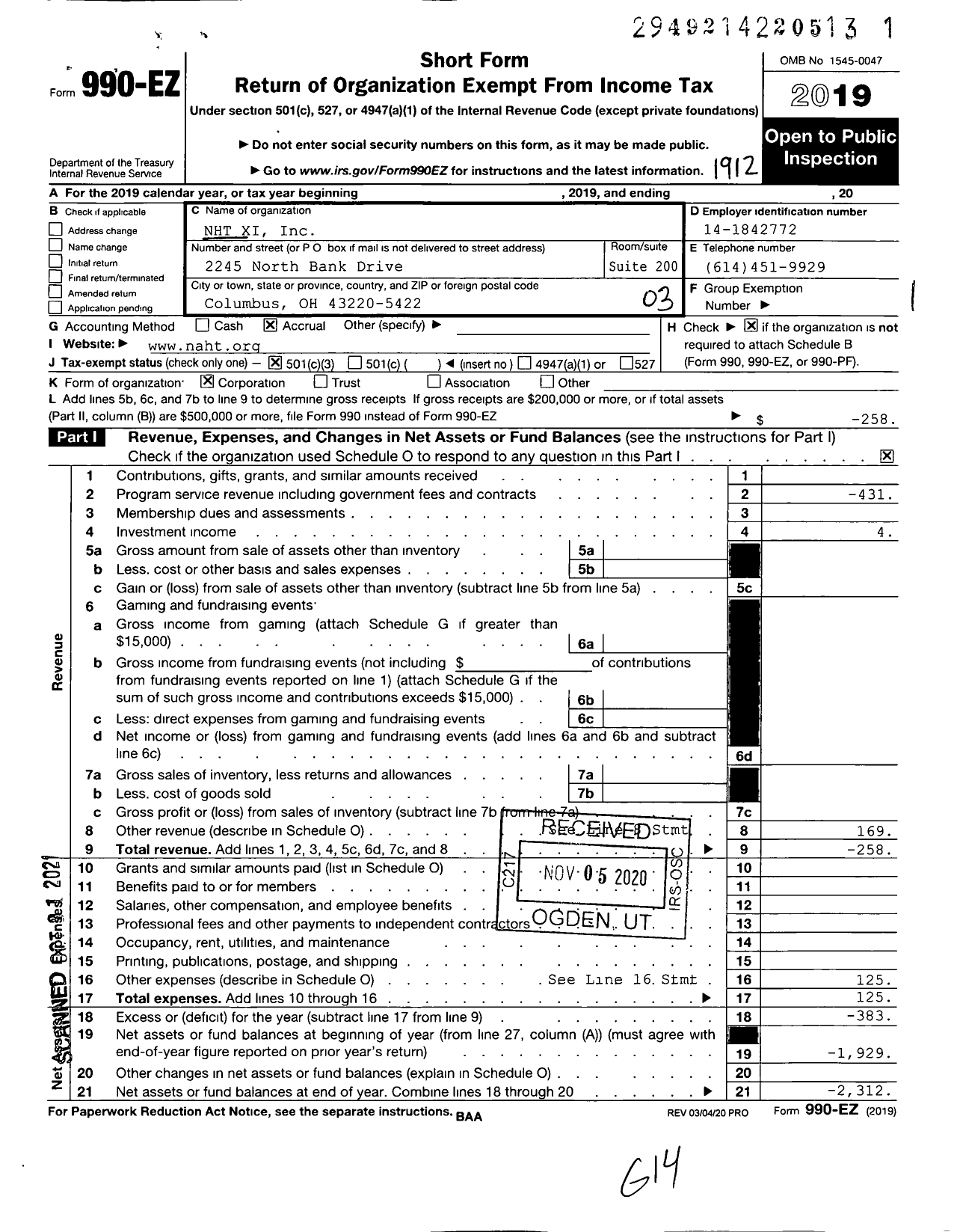 Image of first page of 2019 Form 990EZ for NHT Xi