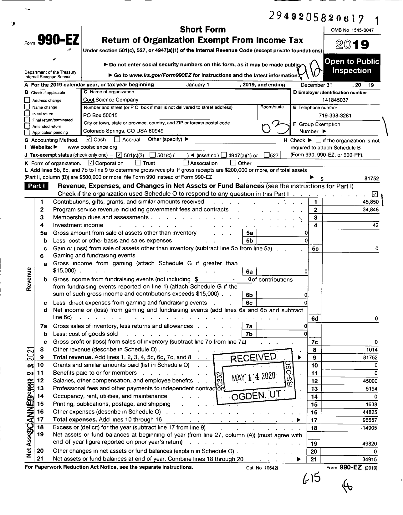 Image of first page of 2019 Form 990EZ for Cool Science