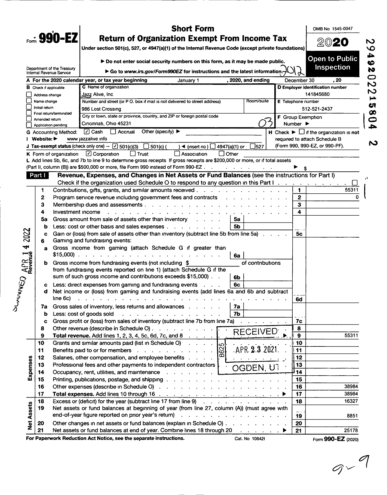 Image of first page of 2020 Form 990EZ for Jazz Alive