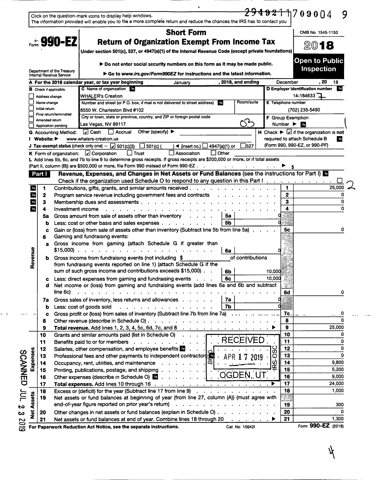 Image of first page of 2018 Form 990EZ for Whalers Creation