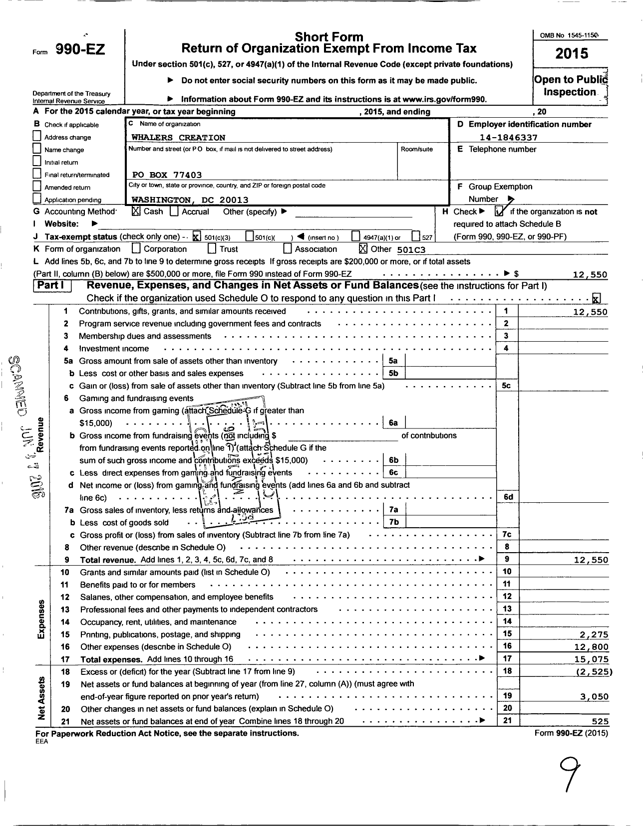 Image of first page of 2015 Form 990EZ for Whalers Creation