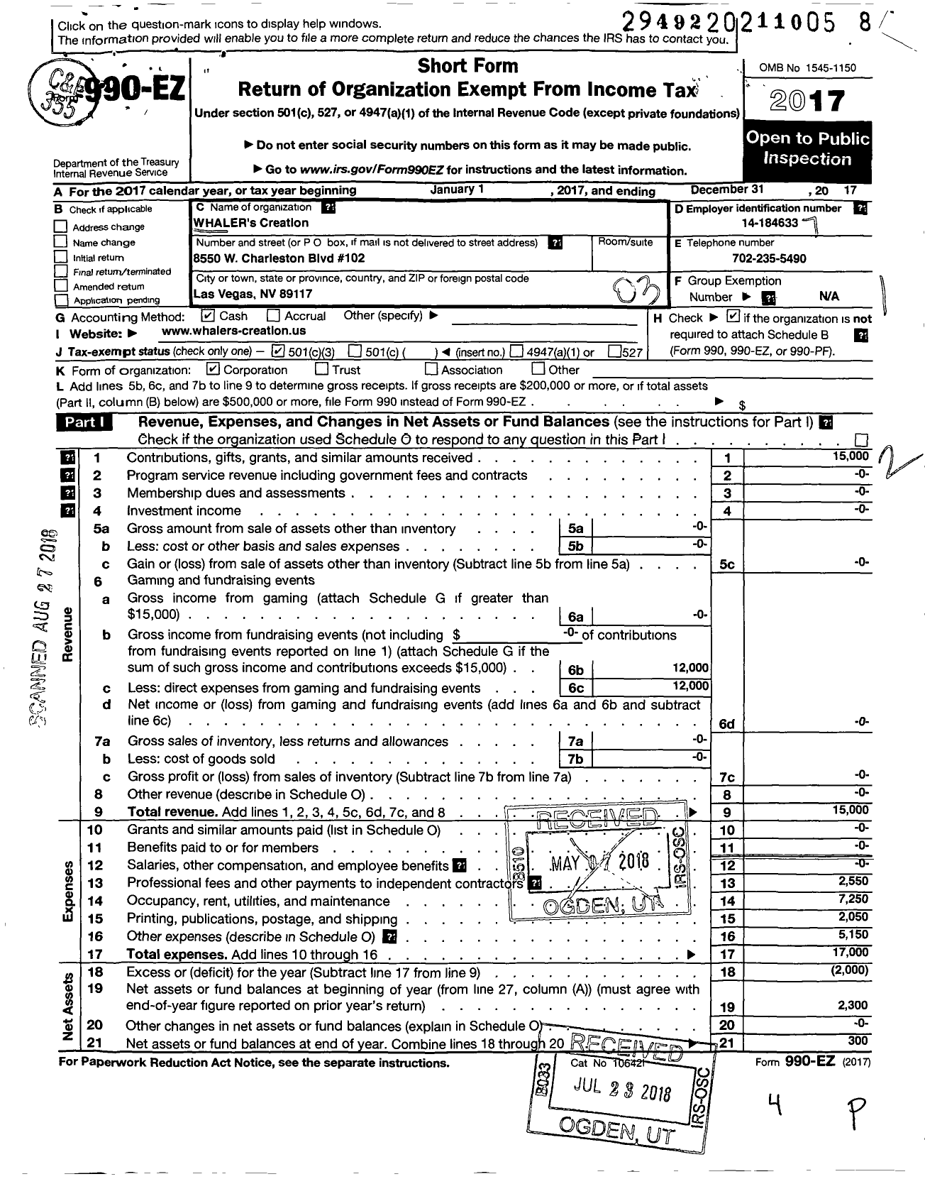 Image of first page of 2017 Form 990EZ for Whalers Creation