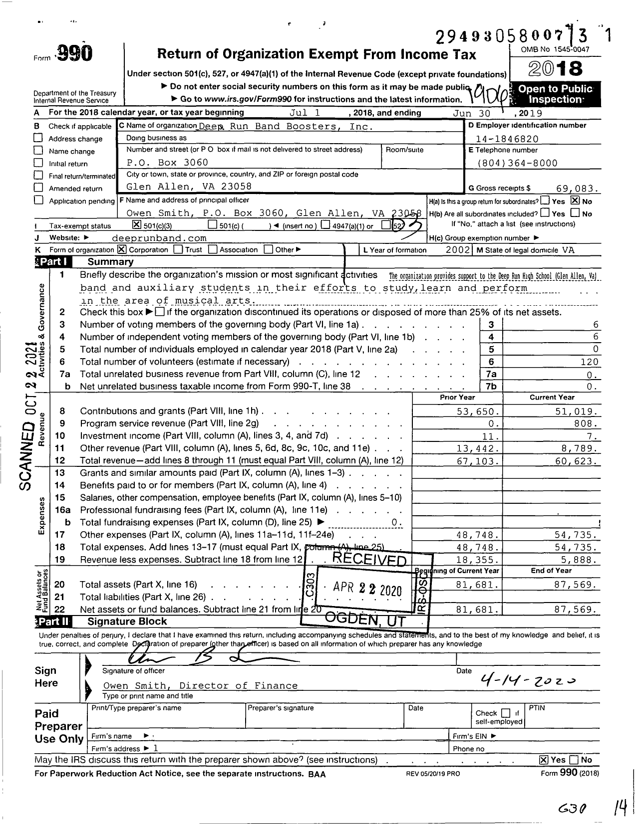 Image of first page of 2018 Form 990 for Deep Run Band Boosters