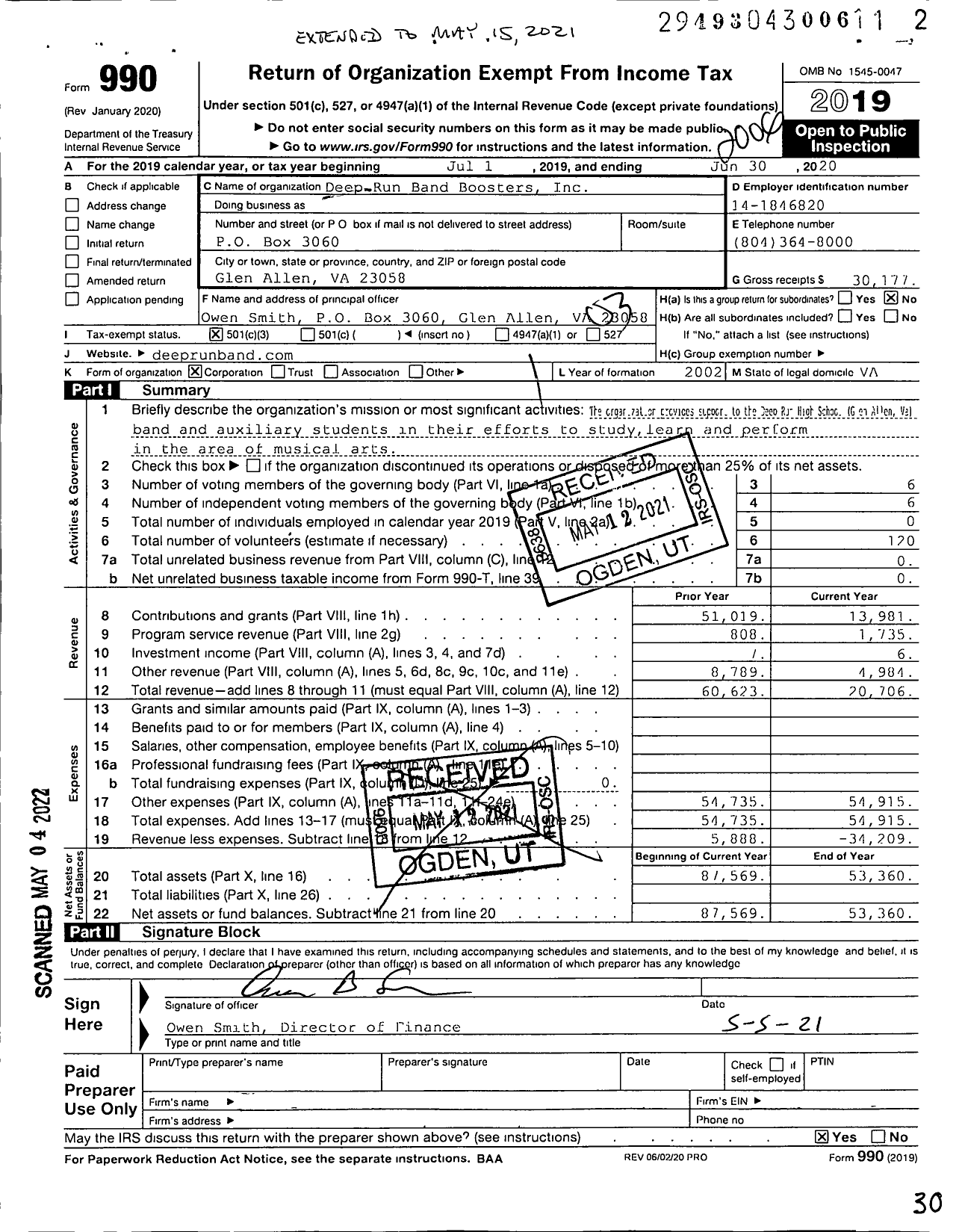 Image of first page of 2019 Form 990 for Deep Run Band Boosters