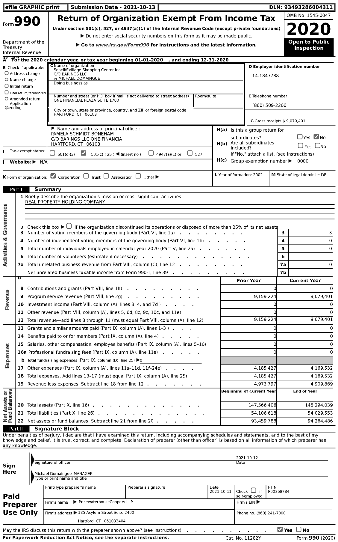 Image of first page of 2020 Form 990 for Seacliff Village Shopping Center