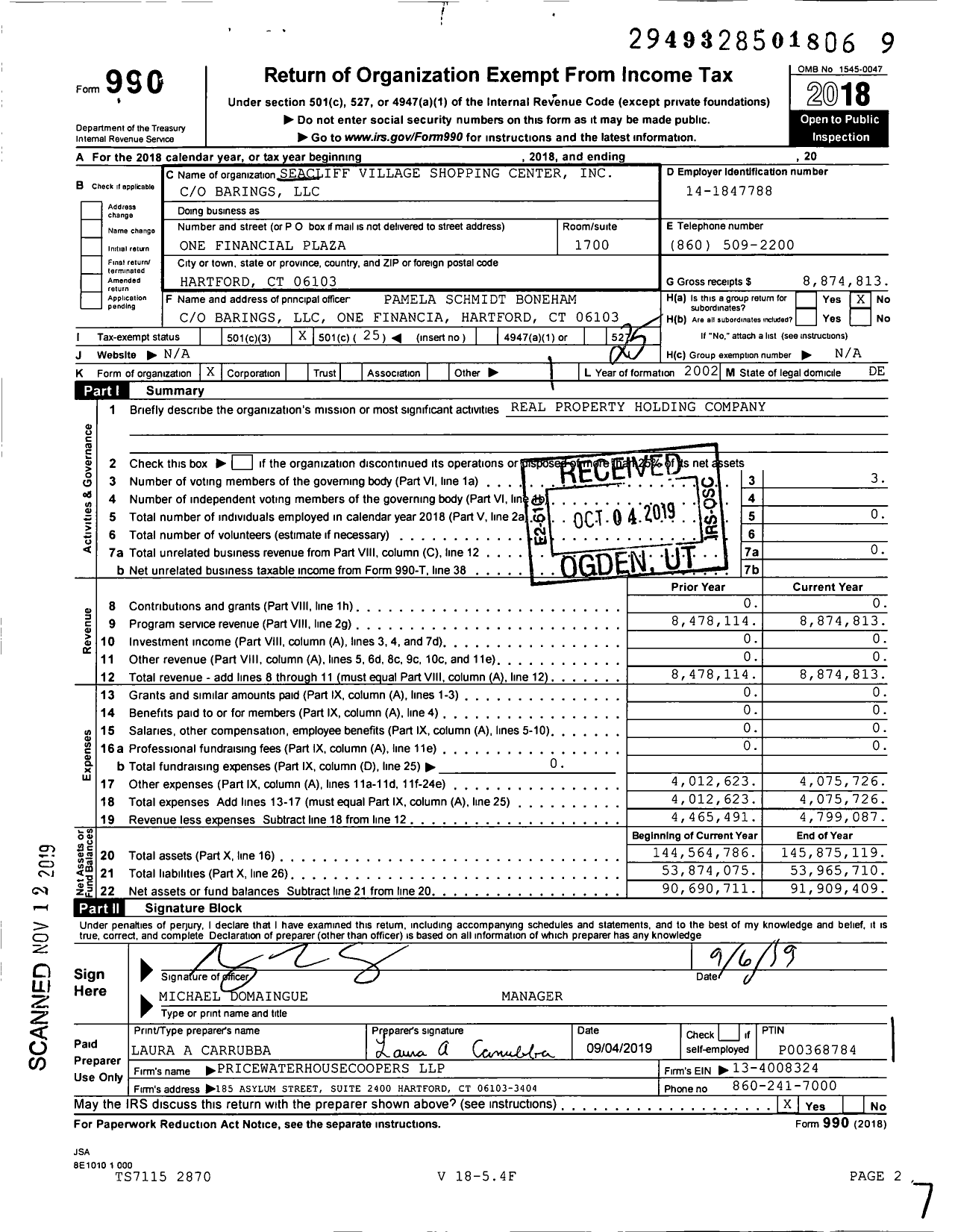 Image of first page of 2018 Form 990O for Seacliff Village Shopping Center