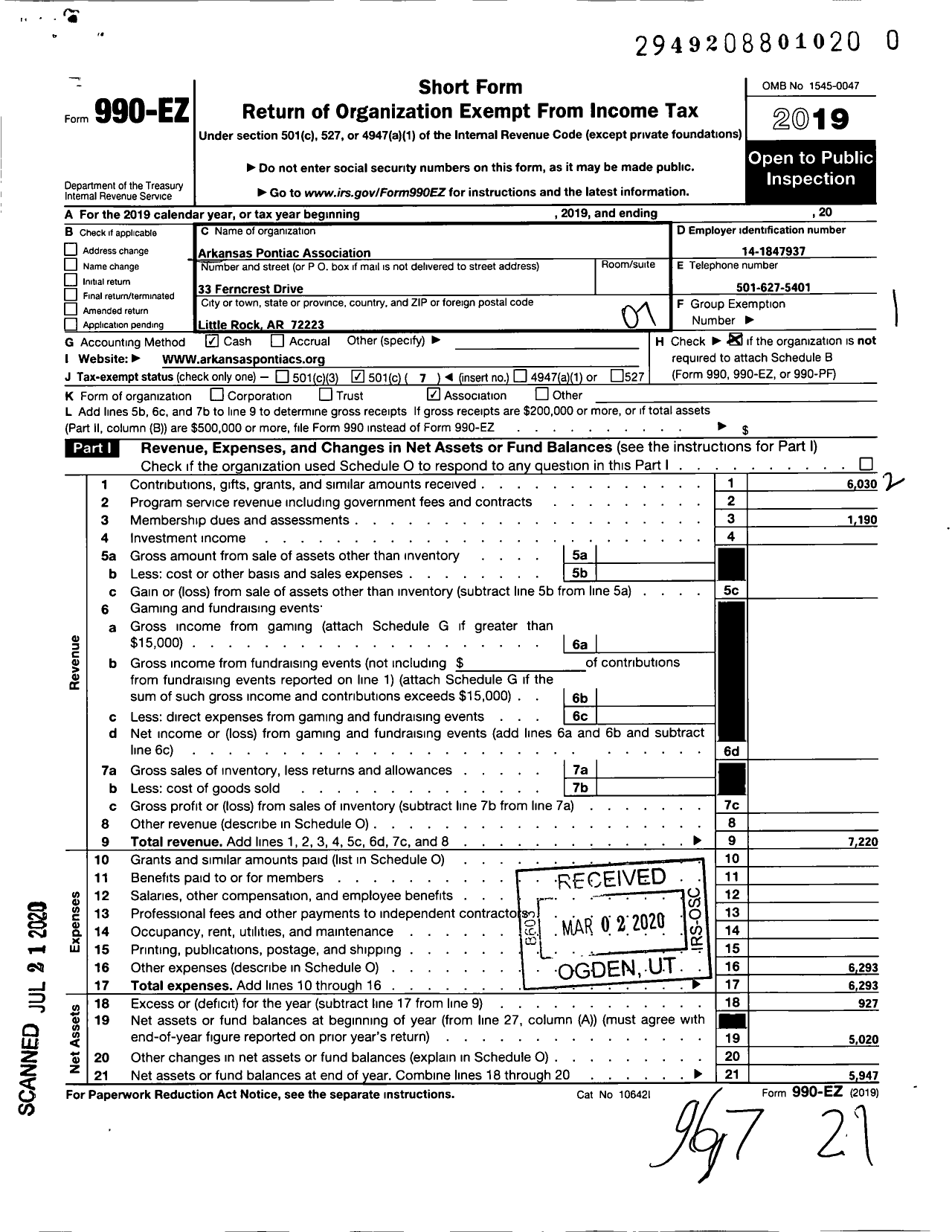 Image of first page of 2019 Form 990EO for Arkansas Pontiac Association