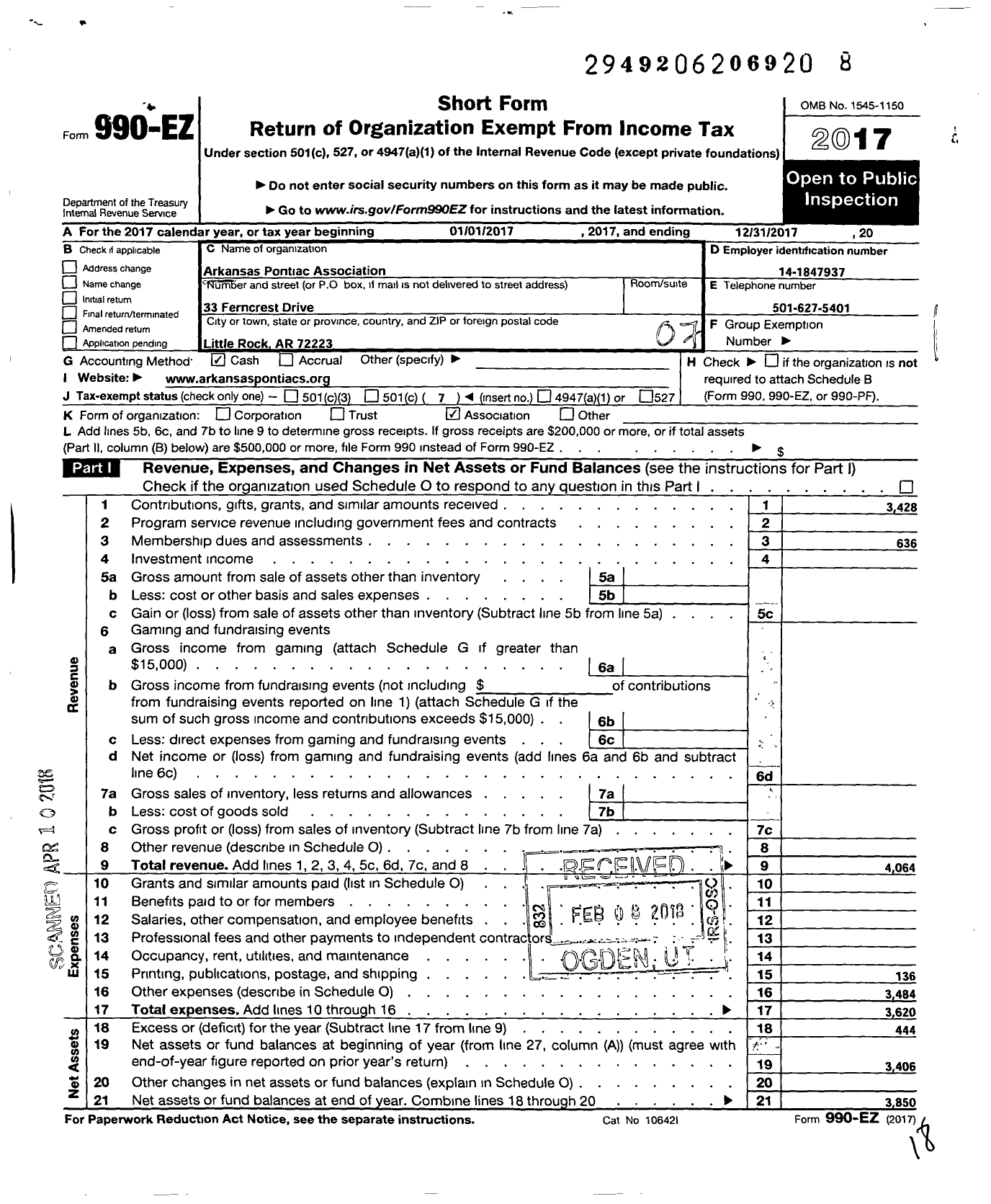 Image of first page of 2017 Form 990EO for Arkansas Pontiac Association