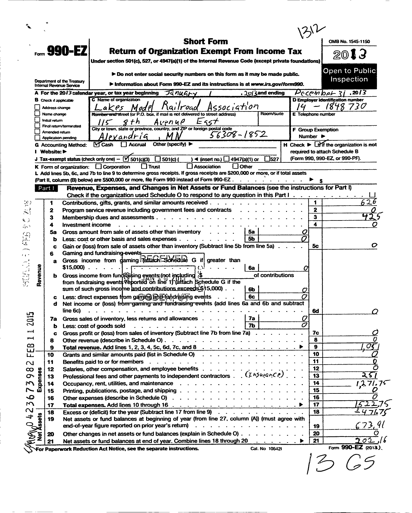 Image of first page of 2013 Form 990EZ for Lakes Area Model Railroad Association