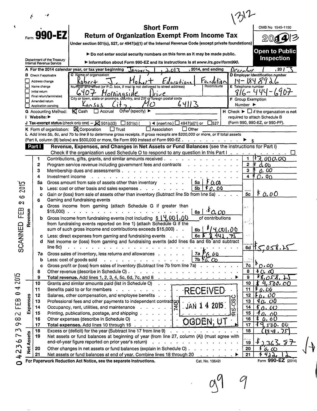 Image of first page of 2013 Form 990EZ for Robert J Mohart Educational Foundation