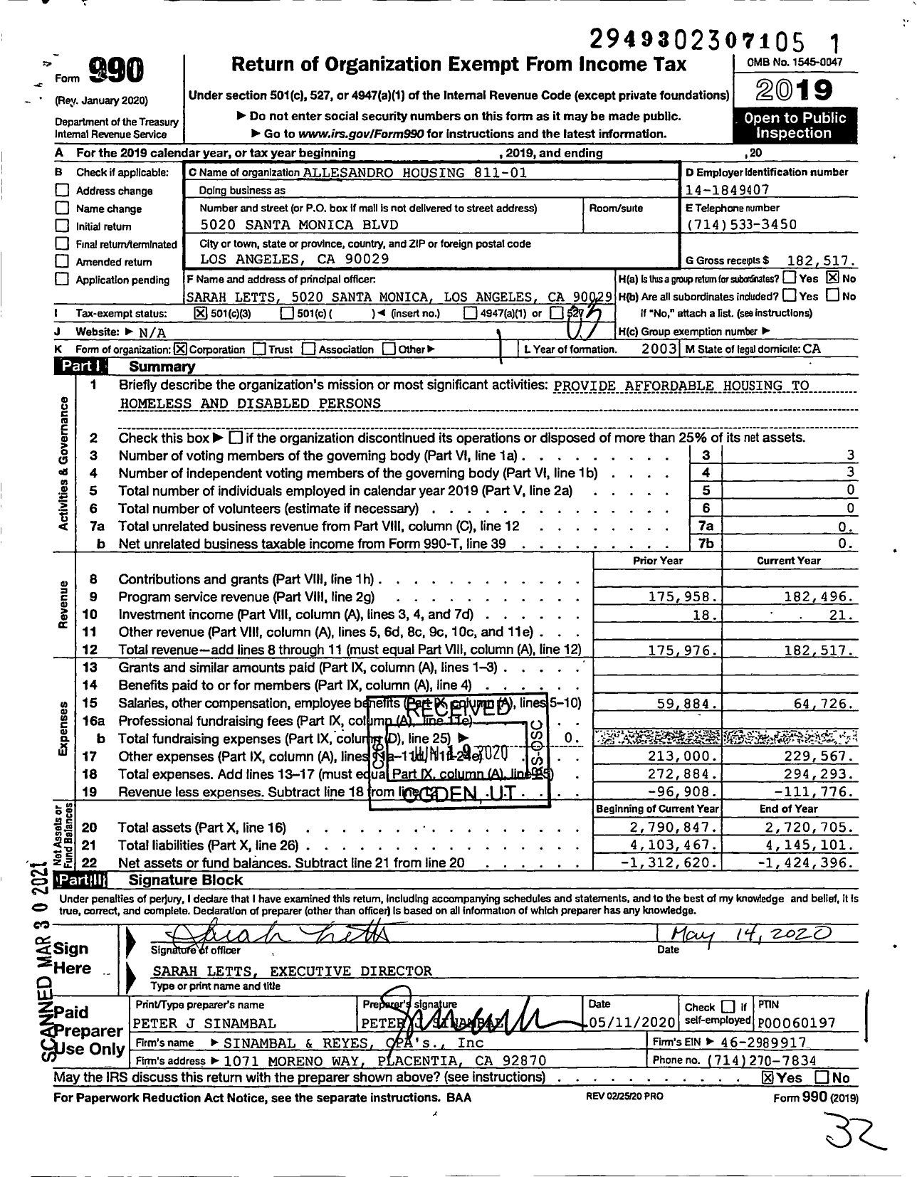 Image of first page of 2019 Form 990 for Allesandro Housing 811-01