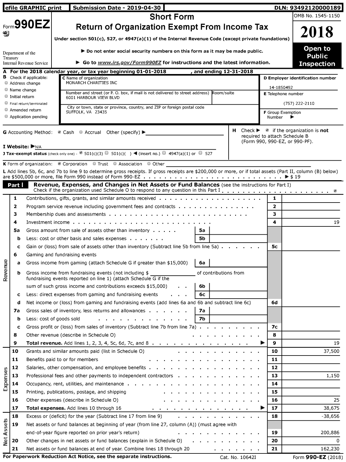 Image of first page of 2018 Form 990EZ for Monarch Charities