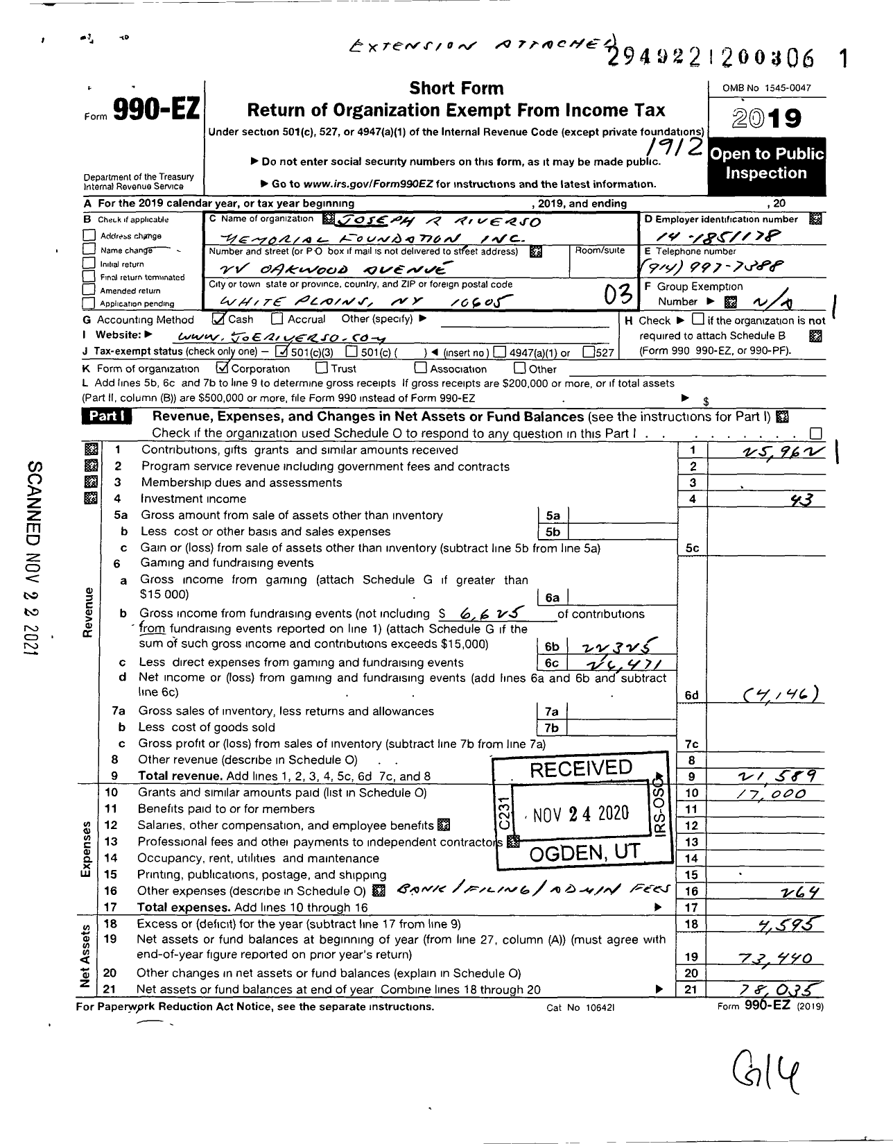 Image of first page of 2019 Form 990EZ for Joseph R Riverso Memorial Foundation