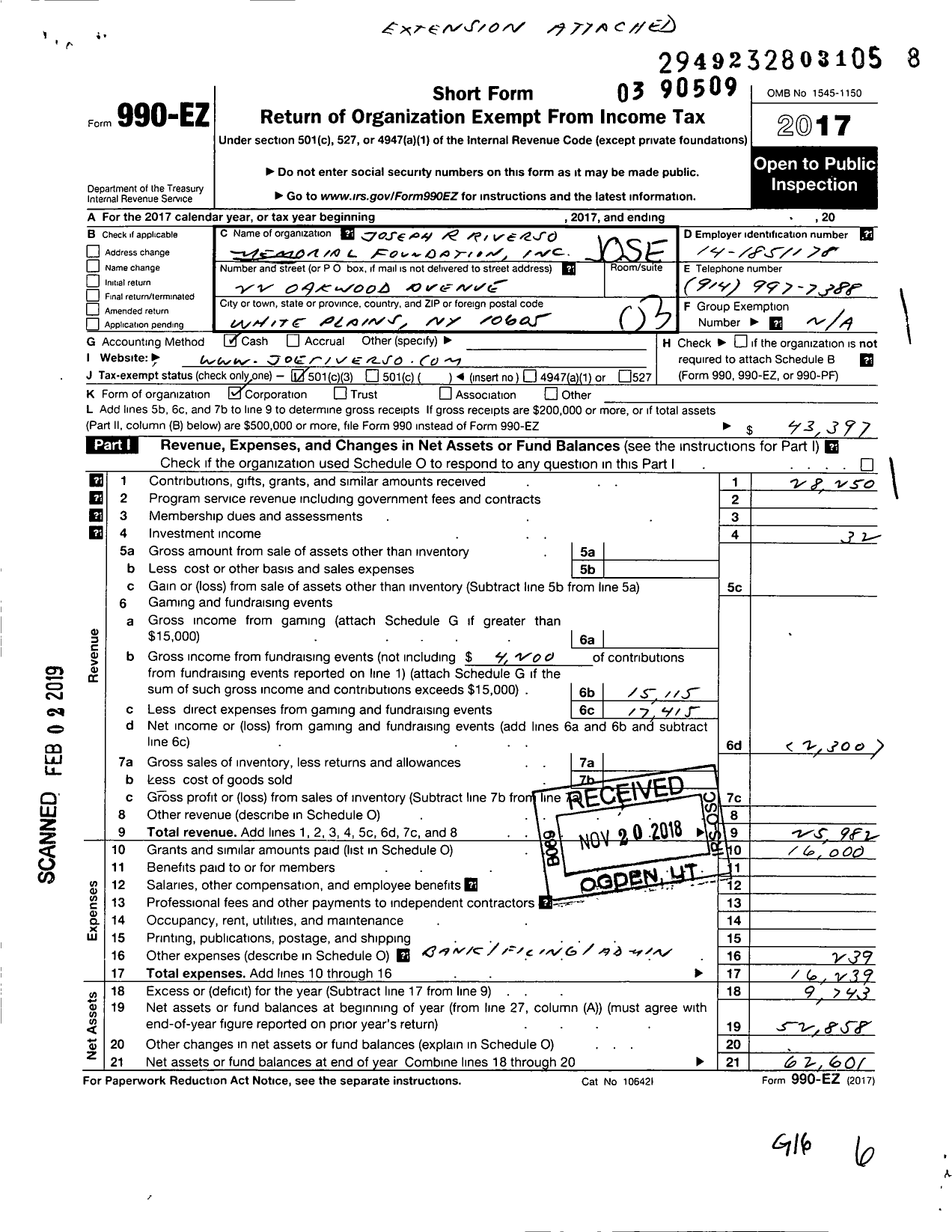 Image of first page of 2017 Form 990EZ for Joseph R Riverso Memorial Foundation