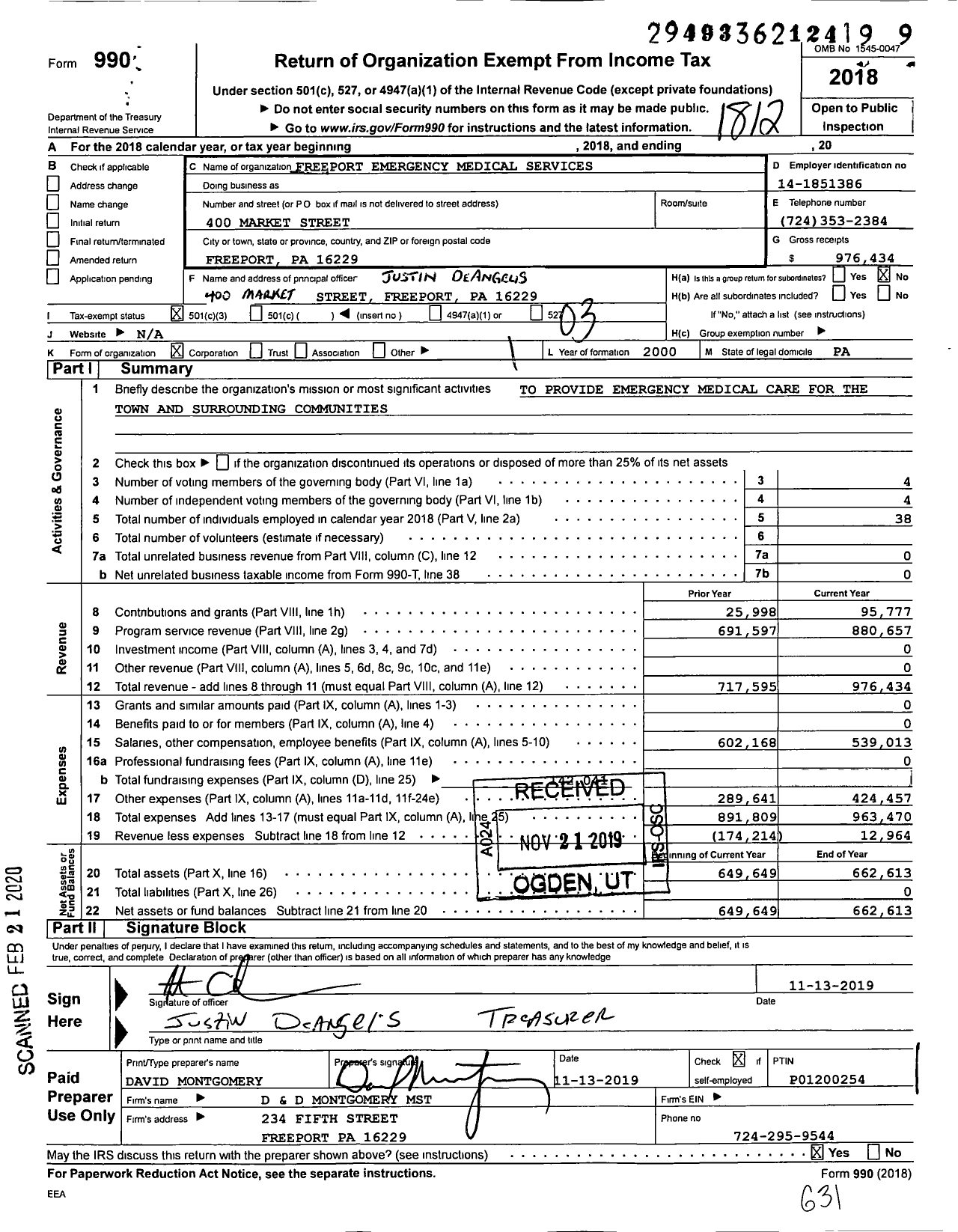 Image of first page of 2018 Form 990 for Freeport Emergency Medical Services