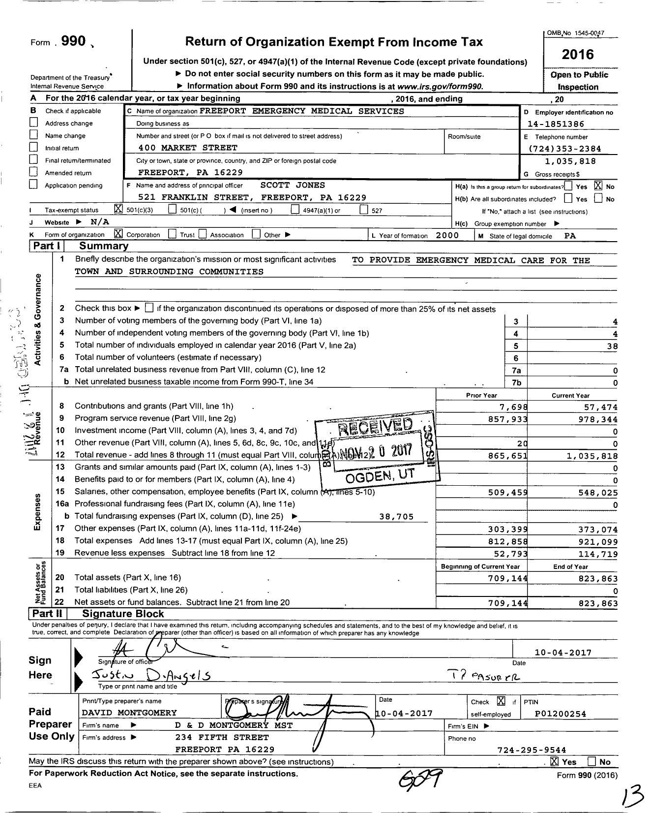 Image of first page of 2016 Form 990 for Freeport Emergency Medical Services