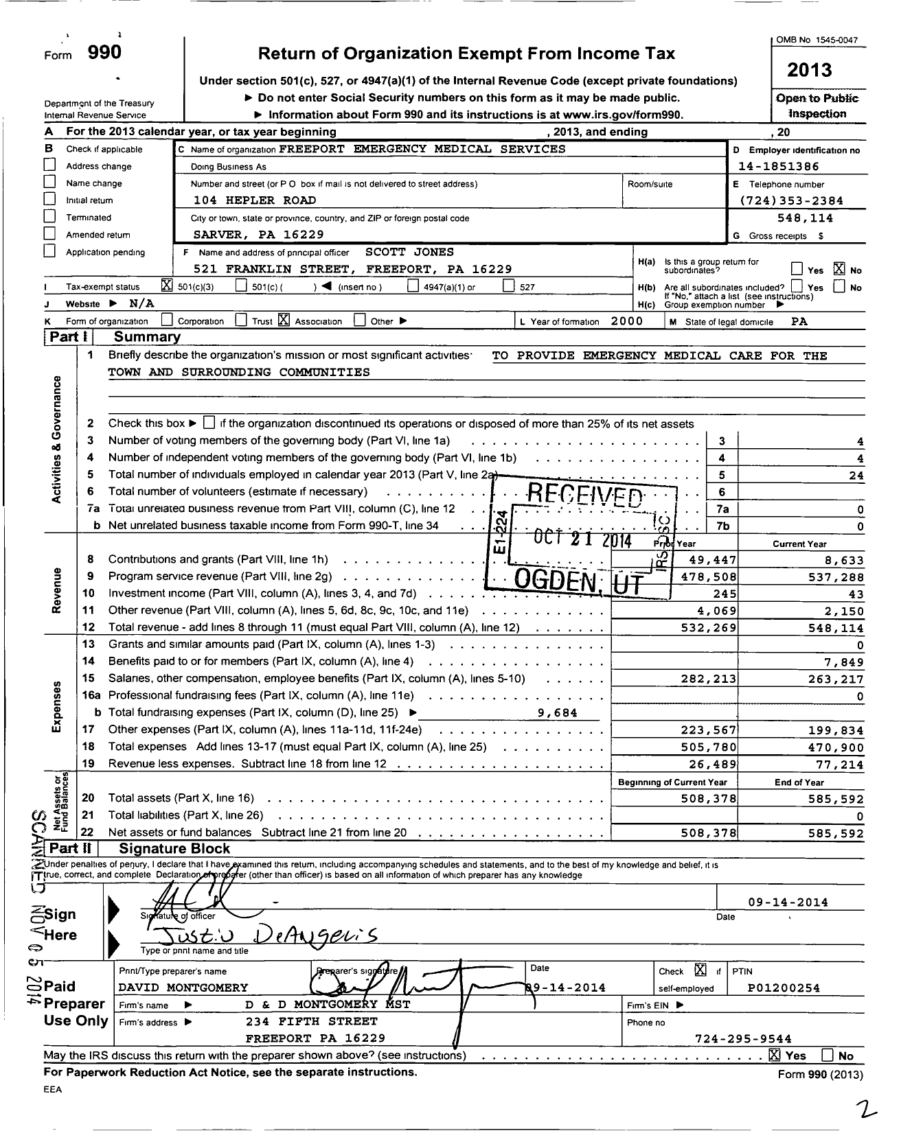 Image of first page of 2013 Form 990 for Freeport Emergency Medical Services