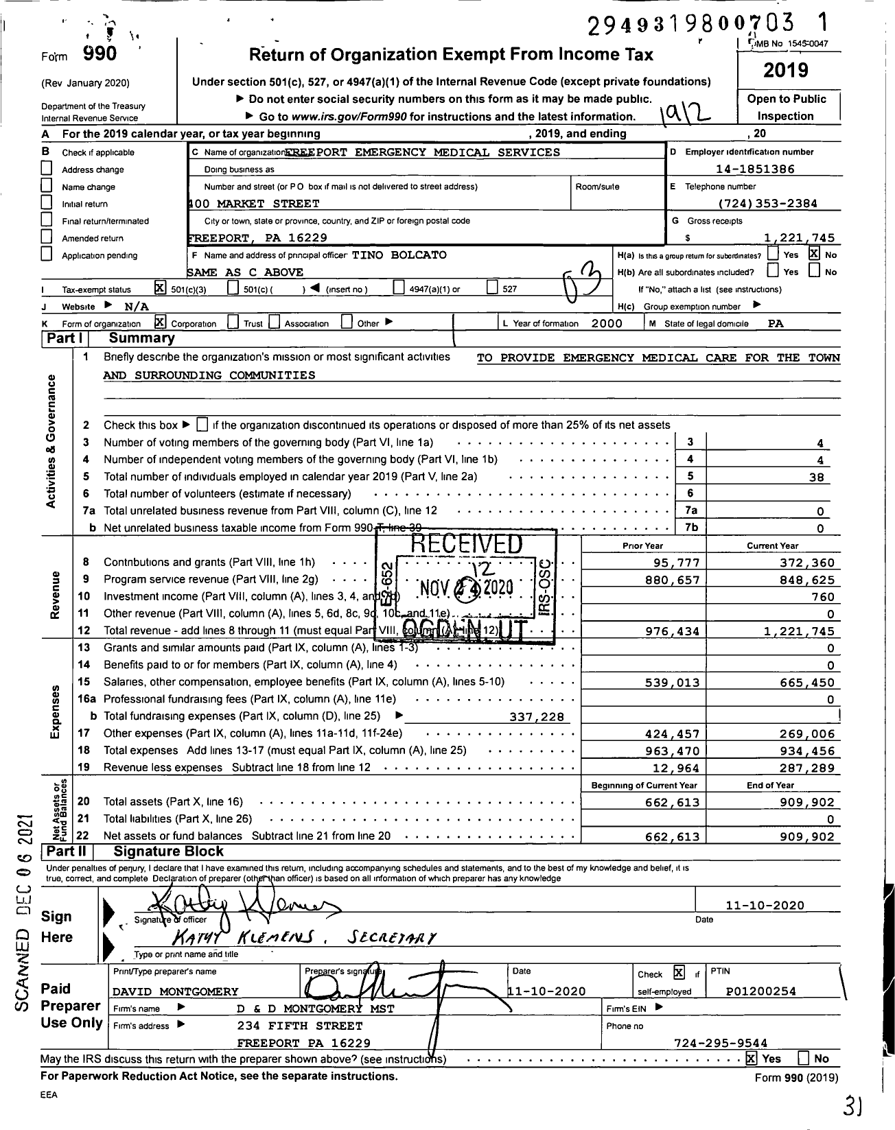 Image of first page of 2019 Form 990 for Freeport Emergency Medical Services