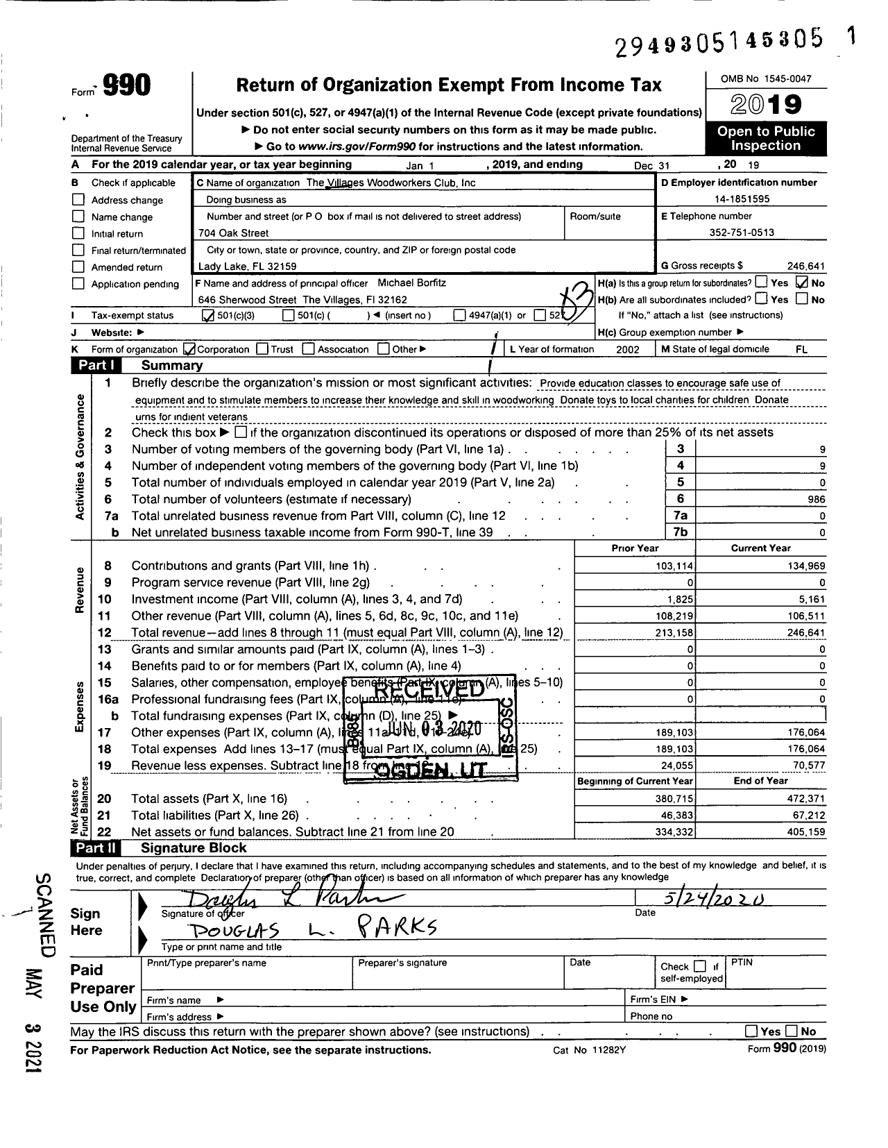 Image of first page of 2019 Form 990 for Villages Woodworkers Club