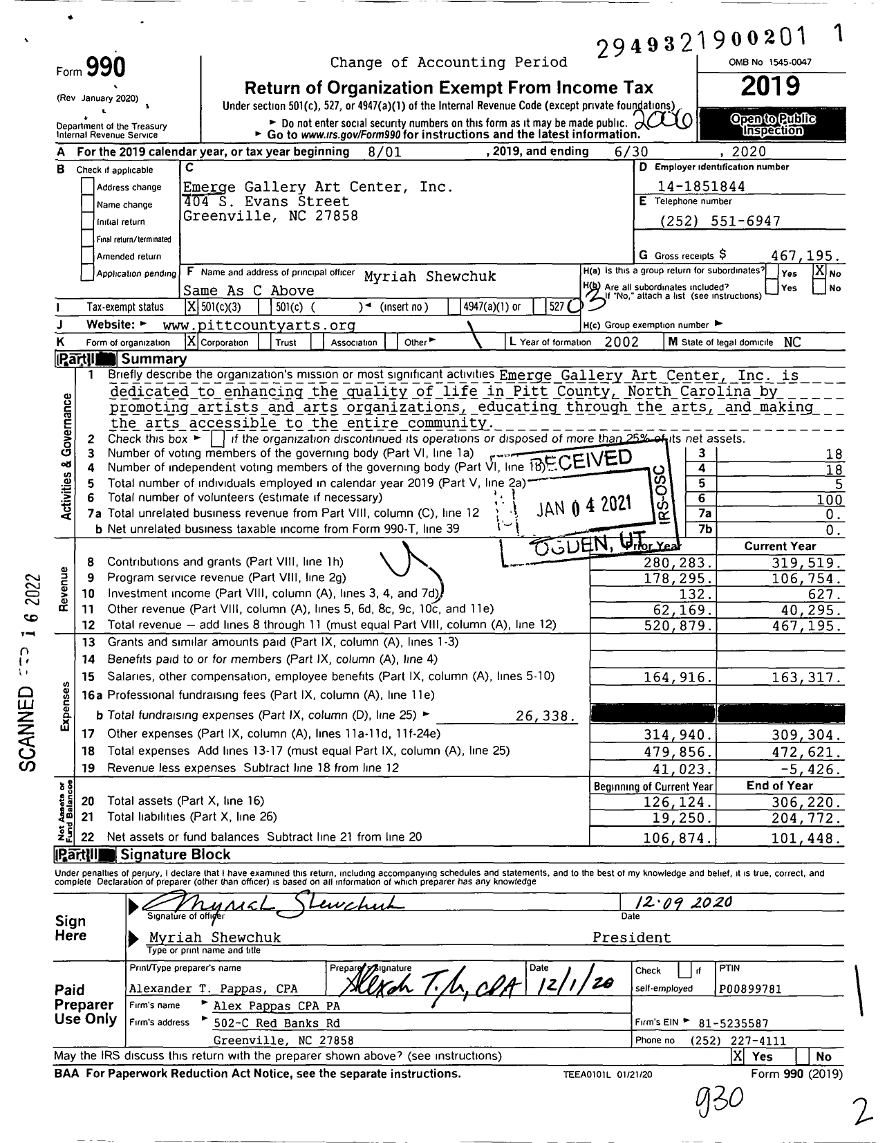 Image of first page of 2019 Form 990 for Emerge Gallery Art Center