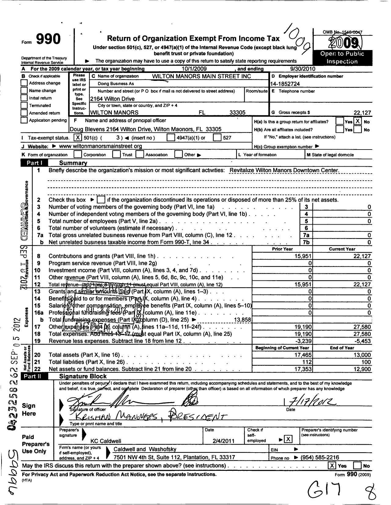 Image of first page of 2009 Form 990 for Wilton Manors Development Alliance