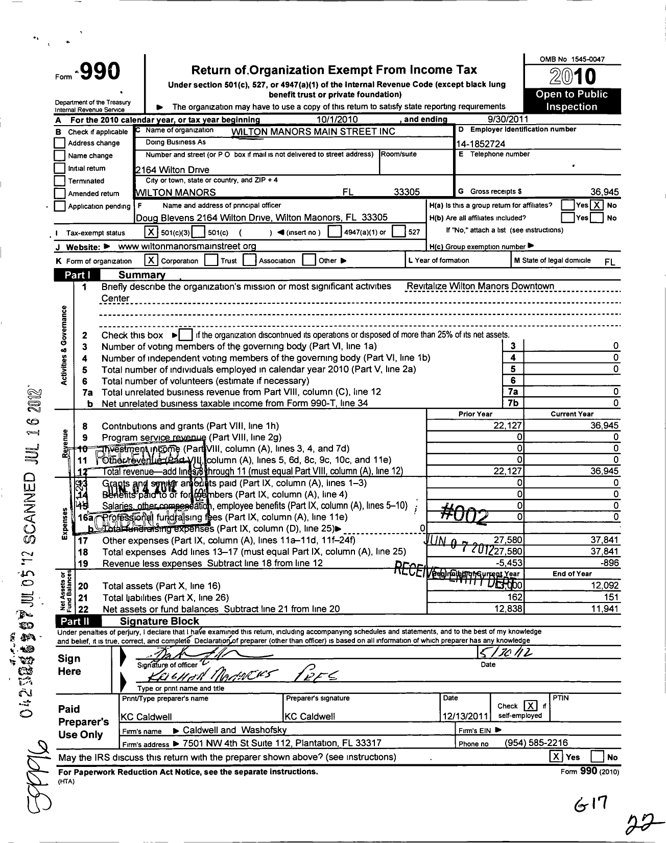 Image of first page of 2010 Form 990 for Wilton Manors Development Alliance