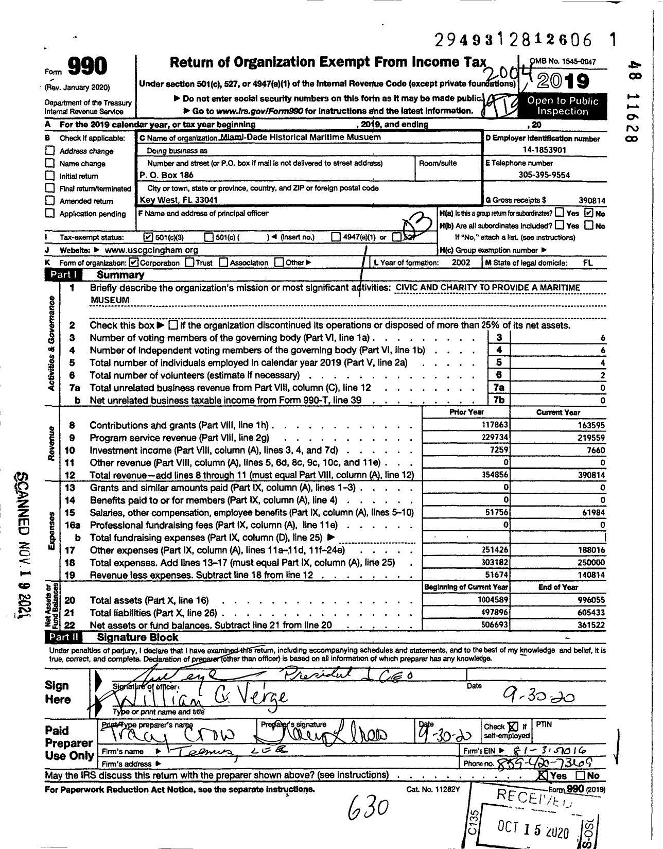 Image of first page of 2019 Form 990 for USCGC Ingham Maritime Museum