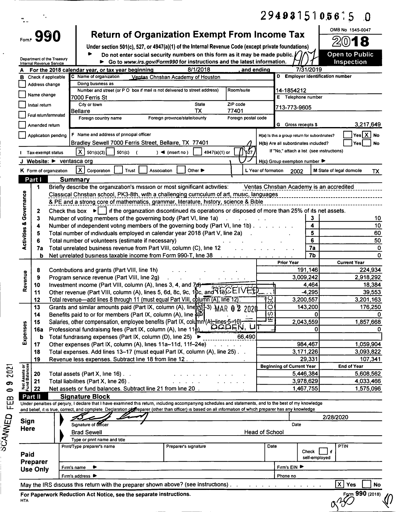 Image of first page of 2018 Form 990 for Veritas Christian Acadamy of Houston