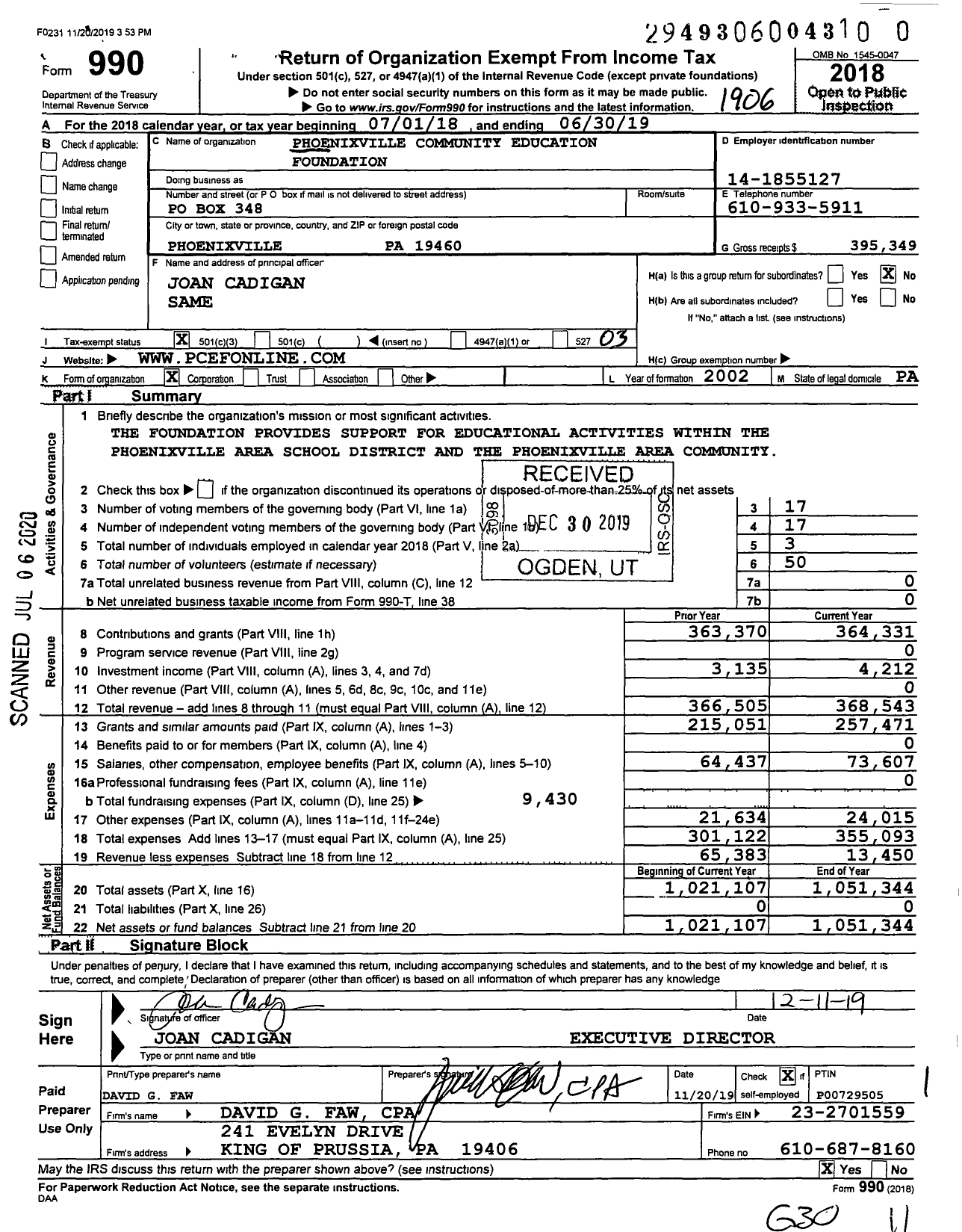 Image of first page of 2018 Form 990 for Phoenixville Community Education Foundation