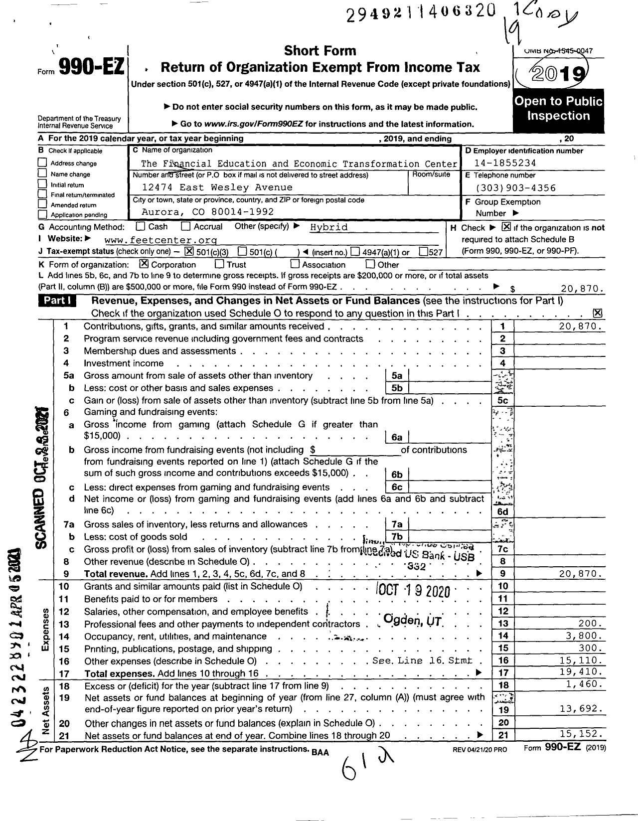 Image of first page of 2020 Form 990EZ for The Financial Education and Economic Transformation Center