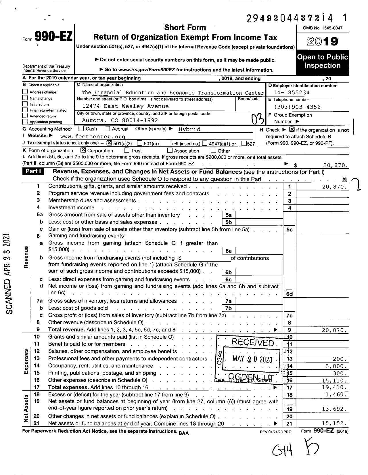 Image of first page of 2019 Form 990EZ for The Financial Education and Economic Transformation Center