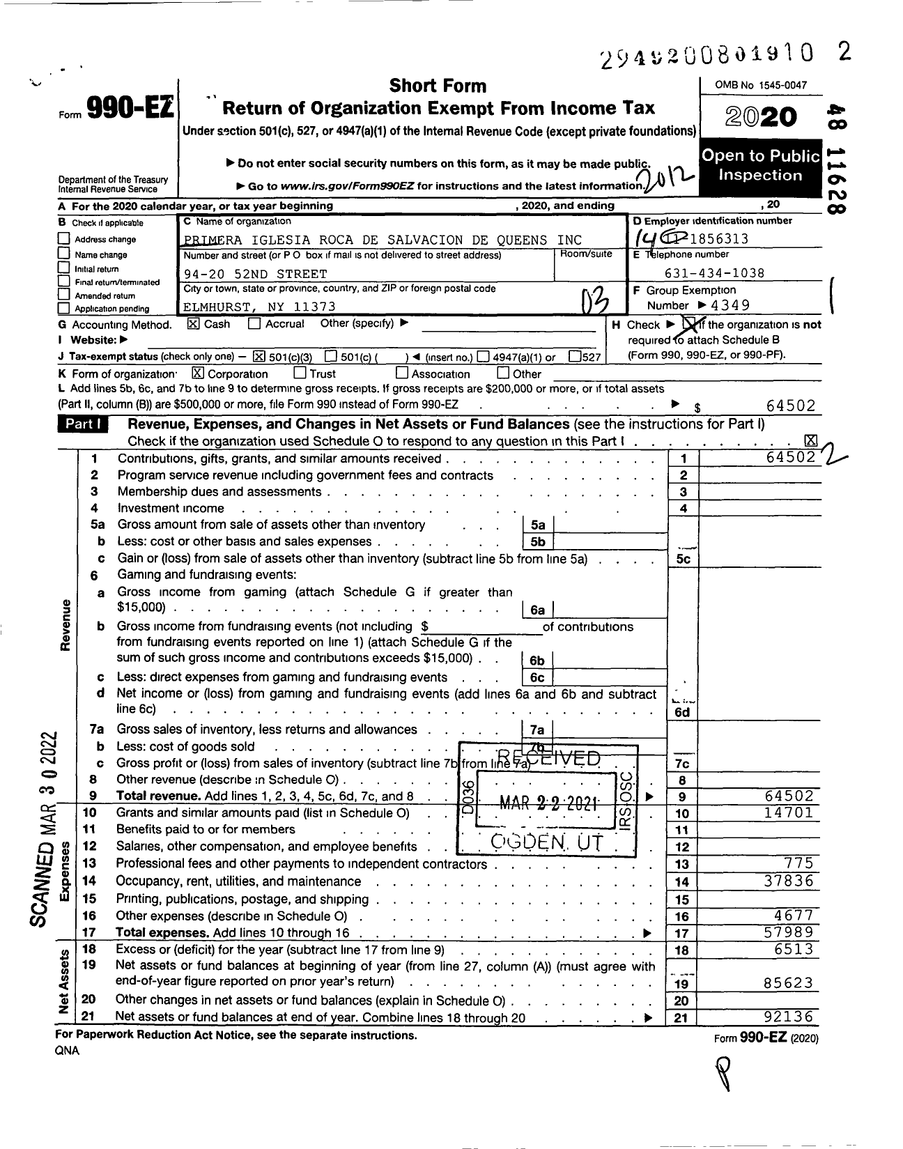 Image of first page of 2020 Form 990EZ for Primera Iglesia Roca de Salvacion de Queens