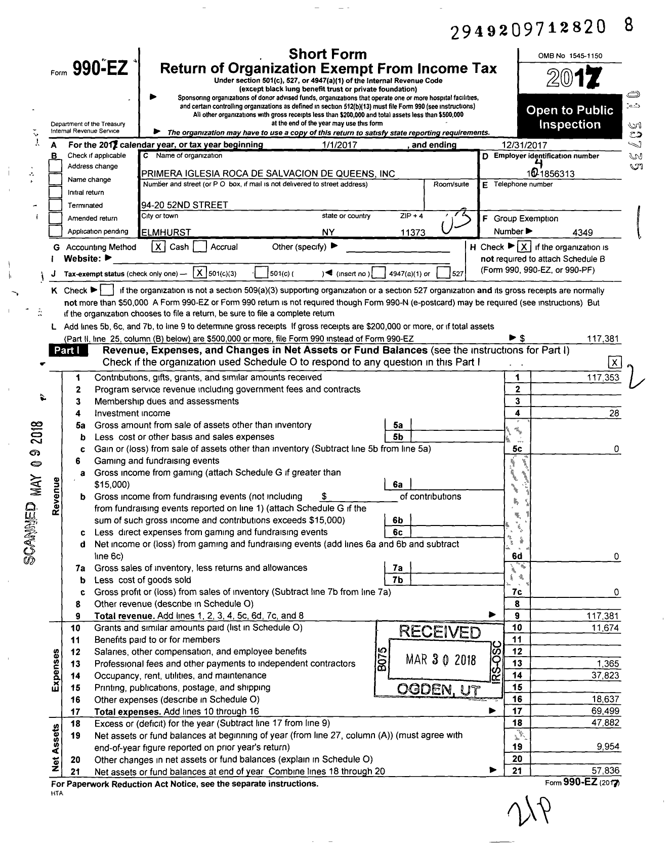 Image of first page of 2017 Form 990EZ for Primera Iglesia Roca de Salvacion de Queens