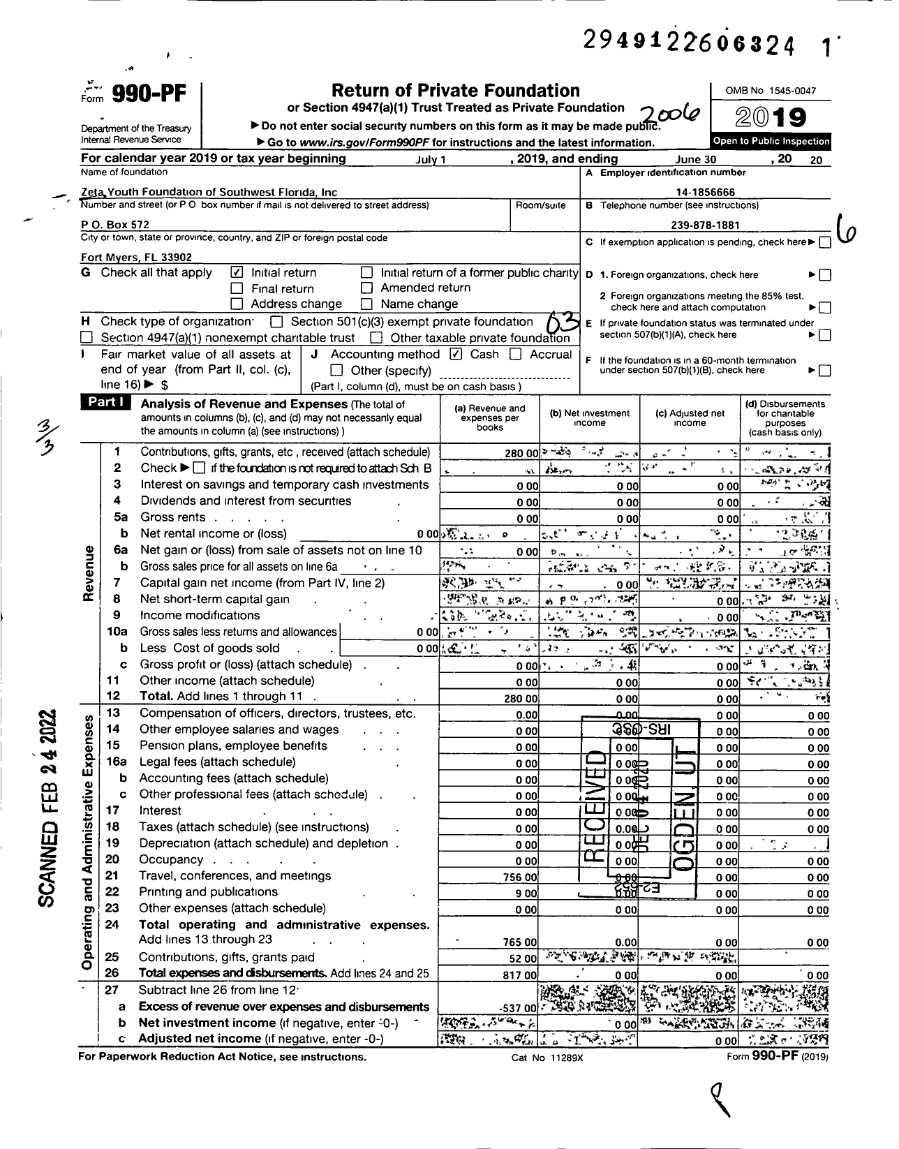 Image of first page of 2019 Form 990PF for Zeta Youth Foundation of Southwest Florida