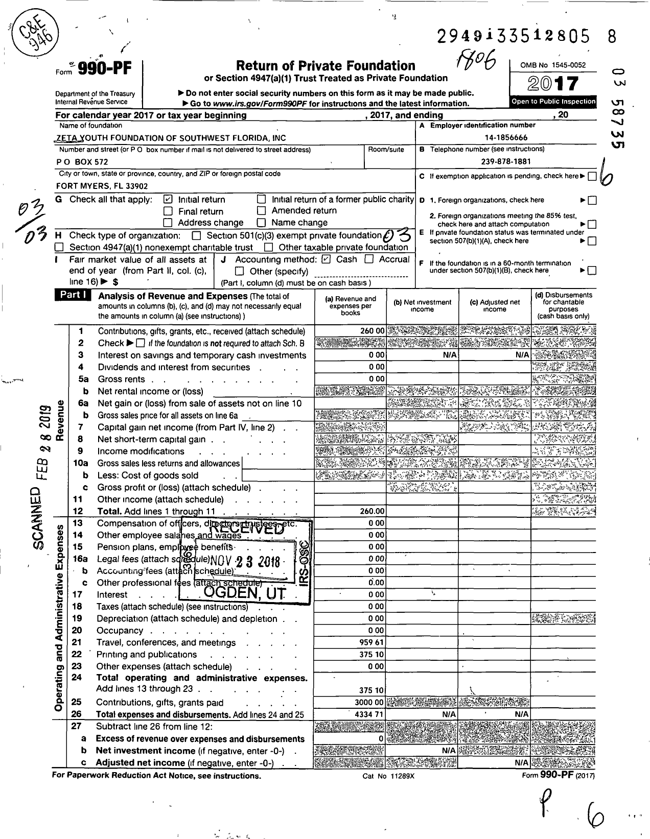 Image of first page of 2017 Form 990PF for Zeta Youth Foundation of Southwest Florida