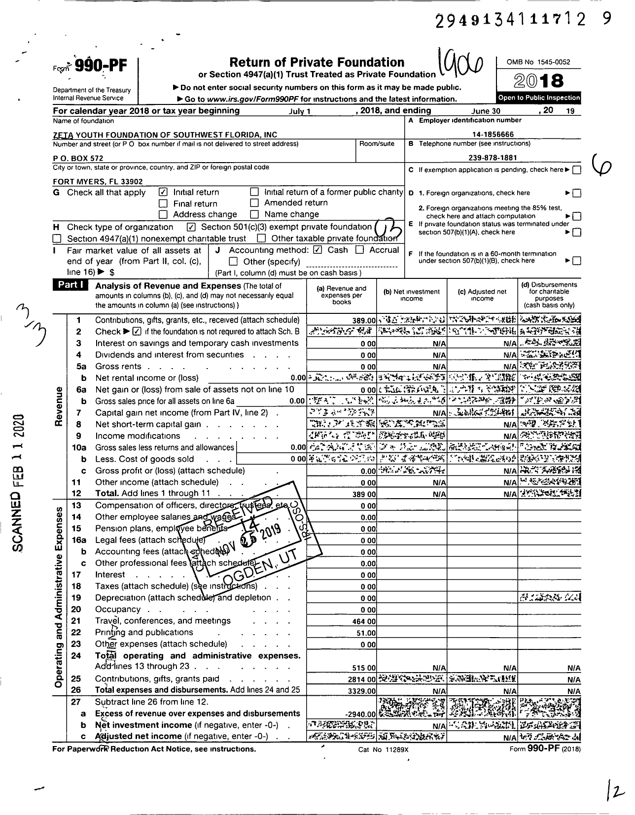 Image of first page of 2018 Form 990PF for Zeta Youth Foundation of Southwest Florida