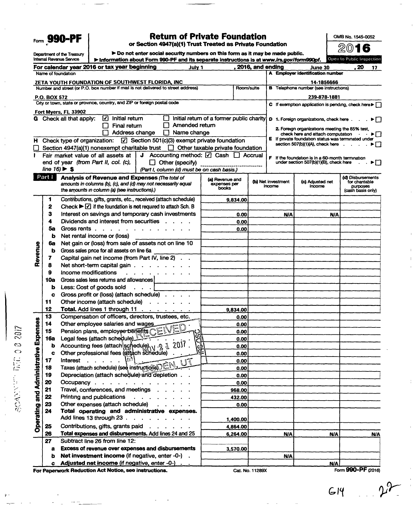 Image of first page of 2016 Form 990PF for Zeta Youth Foundation of Southwest Florida