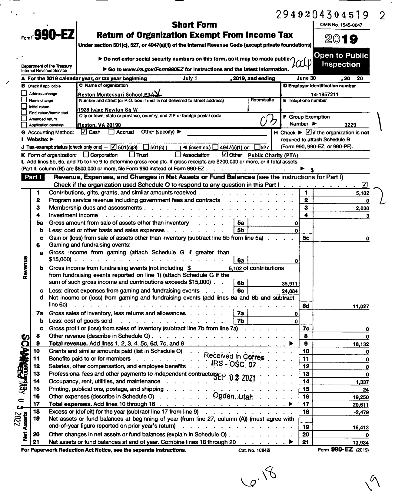 Image of first page of 2019 Form 990EZ for Virginia PTA - Reston Montessori PTA