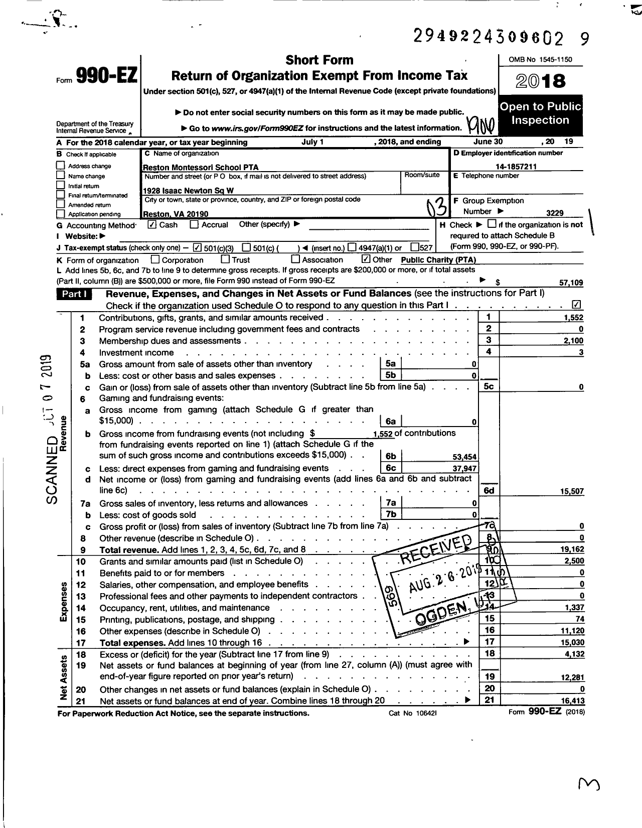 Image of first page of 2018 Form 990EZ for Virginia PTA - Reston Montessori PTA